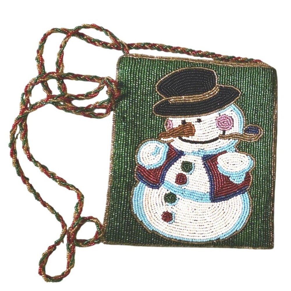 Purse Beaded Snowman Shoulder Bag Christmas Winter Green Red C. Marie 6x7"